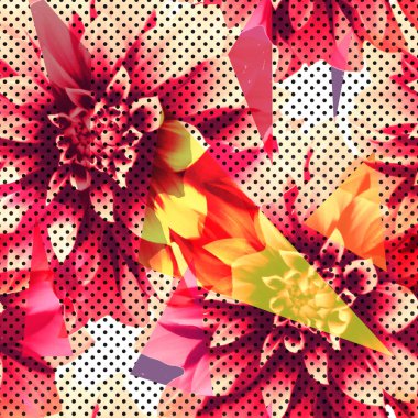 Çiçekler ve geometrik figürler ile modern arka plan. Kesintisiz parlak doku