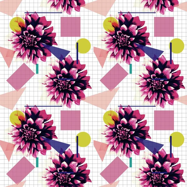 Moderner Hintergrund Mit Blumen Und Geometrischen Figuren Nahtlose Helle Textur — Stockfoto