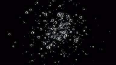 Siyah arkaplanda hareket eden ve yüzen kabarcıkların 3D canlandırması
