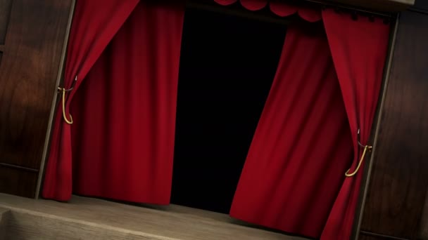 3D动画的剧院 场景红色天鹅绒幕布打开与阿尔法层 — 图库视频影像