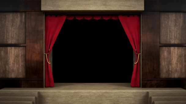 ショー オペラ ステージ アルファレイヤー付きシーン赤いベルベットカーテンオープニングの3Dアニメーション — ストック動画