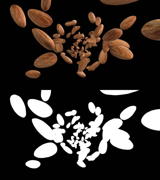 带阿尔法层的杏仁流的3D插图 — 图库照片