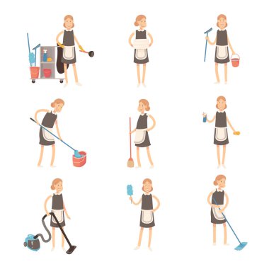 Mutlu ev kadını her zaman temizlik için hazırdır