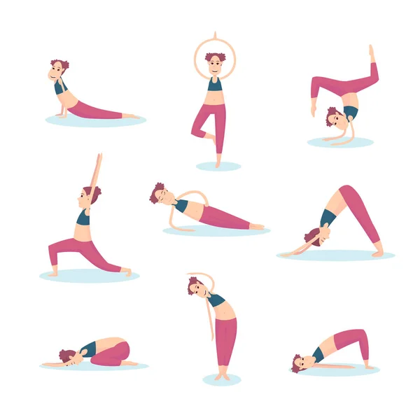 Mädchen praktiziert grundlegende Übungen Yoga — Stockvektor