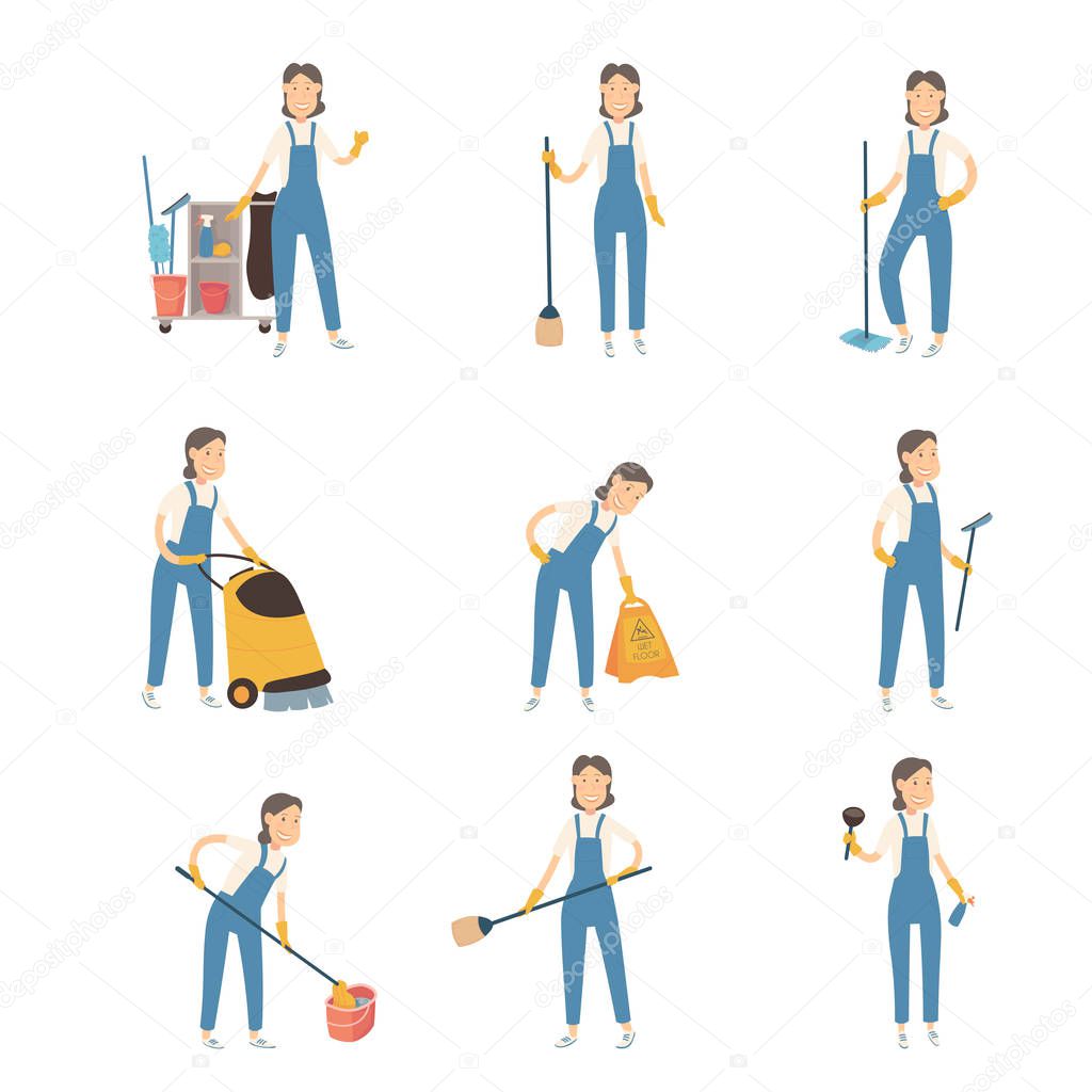 Happy housewife preparing to clean up in the apartment she is standing with a sweeper and mop