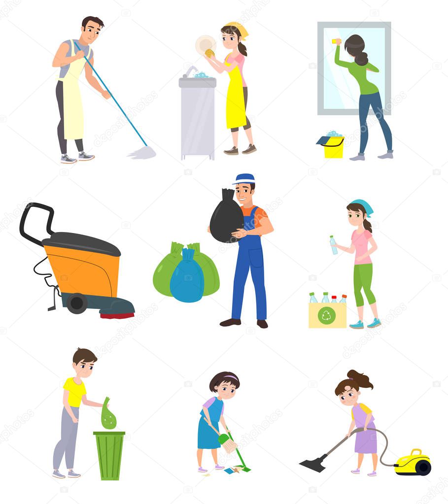 Set of cleaning company staff with a vacuum cleaner, shfabroy, with a trash can clean the premises of different companies