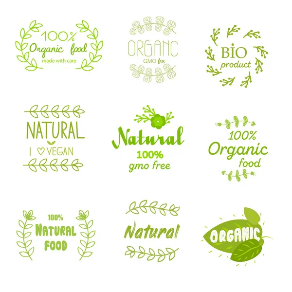 Productos frescos naturales pegatinas y etiquetas alimentos — Vector de stock