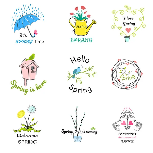 Étiquettes avec phrases écrites à la main sur le printemps — Image vectorielle