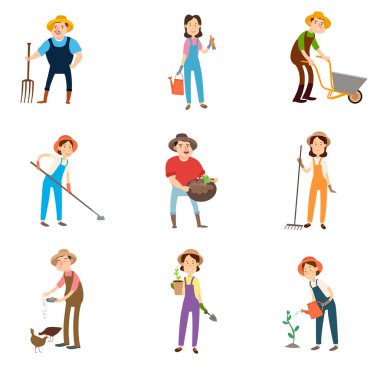 Düz tasarım çiftçiler illüstrasyon vektör ayarlayın. Çiftçi hasat kırpma.