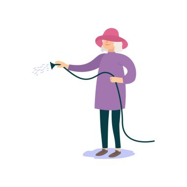 Çiftçi yataklar sulama. Beyaz arka plan üzerinde izole vektör çizim.