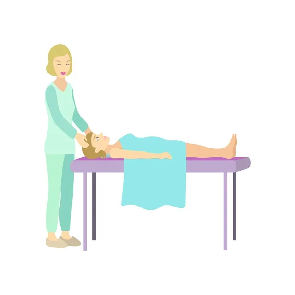 Flicka slappnar av i spasalong med massage huvud — Stock vektor