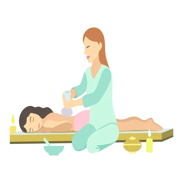 Mädchen entspannt sich im Wellness-Salon mit Rückenmassage — Stockvektor