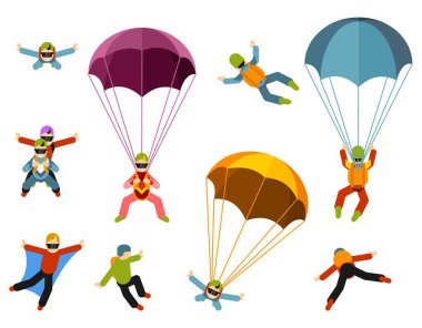 İnsanlar aşırı paraşütle atlama vektör çizimler beyaz bir arka plan üzerinde başlattık