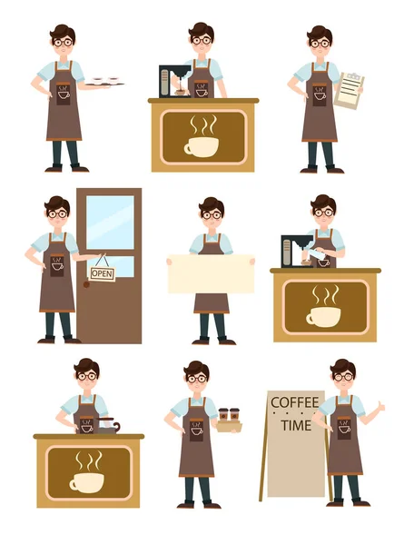 Jeune barista prépare le café au comptoir avec une machine à café le café . — Image vectorielle