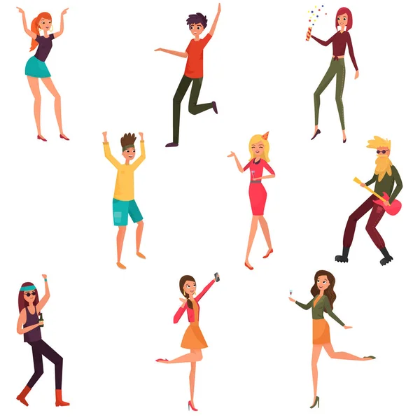 Chicas y chicos modernos están bailando y divirtiéndose en una fiesta — Vector de stock