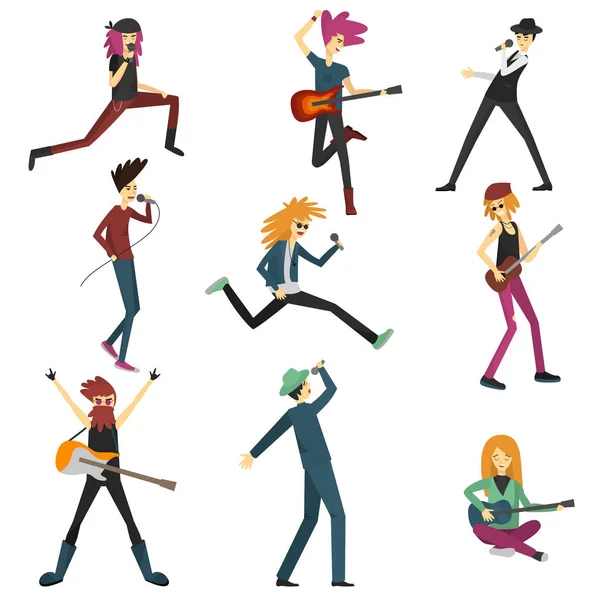 Les jeunes jouent des instruments de musique et chantent de la musique moderne. Caractères vectoriels . — Image vectorielle