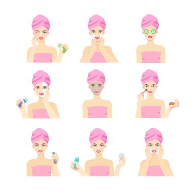 Bir kız ile bir sorun cilt sonra yüz görünüyor ve farklı maskesi uygular.