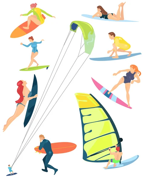 Sommersport aktiver moderner junger Leute Windsurfen, Surfen. — Stockvektor