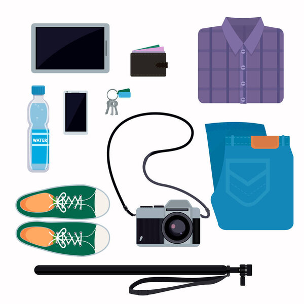 Вещи, которые люди берут с собой на поездку джинсы обувь кошелек камеры рубашку и другие
.