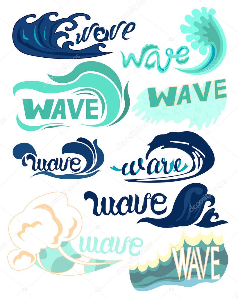 Different types of ocean waves. Water Design Elements. Vector illustration isolated on white background.
