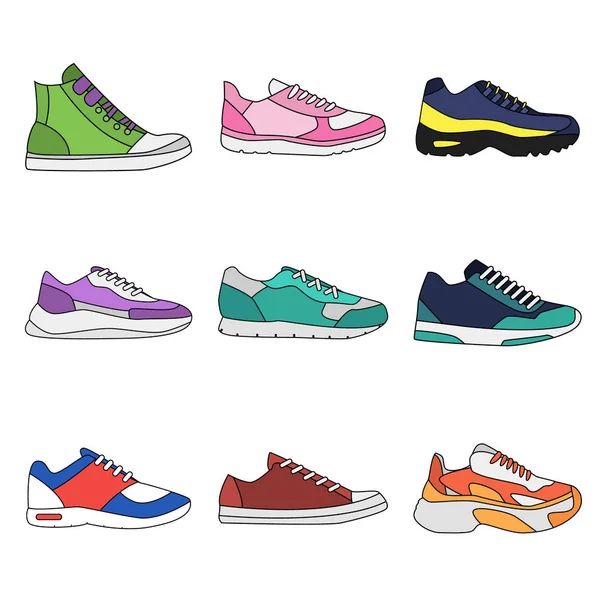 Different types of modern sneakers for everyday wear. — Stock Vector