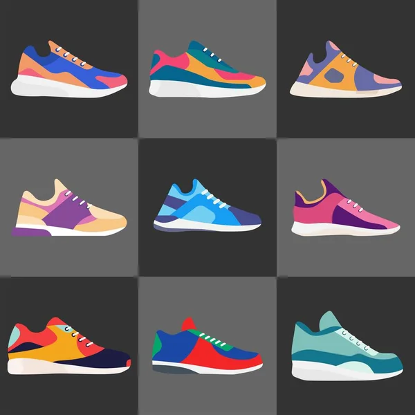 Different types of modern sneakers for everyday wear. — Stock Vector