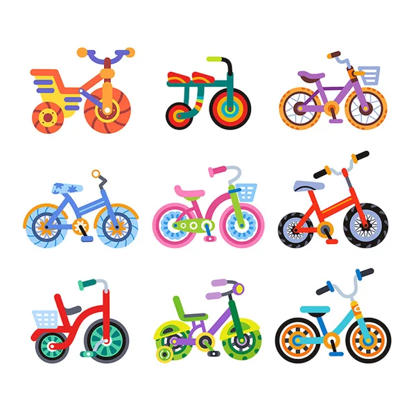 Conjunto de nove bicicletas infantis. Transporte de crianças. Triciclos — Vetor de Stock