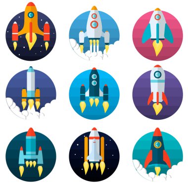 Roket farklı türleri kümesi. Teknolojik gemi. Karikatür tasarım.