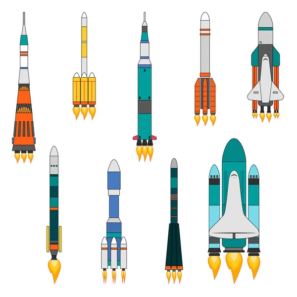 Conjunto de diferentes tipos de cohetes. Naves tecnológicas. Diseño de dibujos animados . — Archivo Imágenes Vectoriales