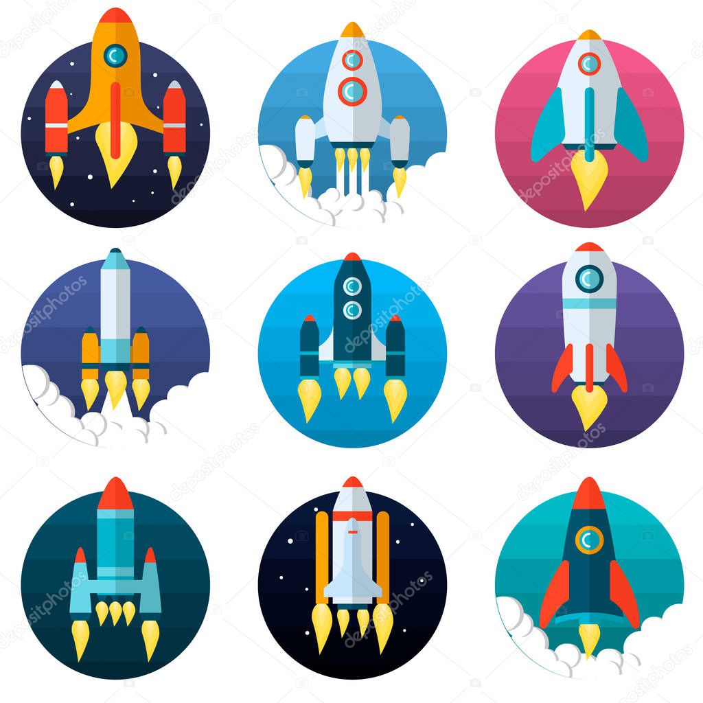 Set of different types of rocket. Technological ships. Cartoon design.