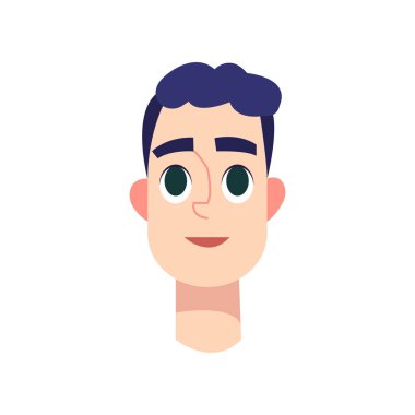 Genç adam büyük mavi gözleri ve mor saç.