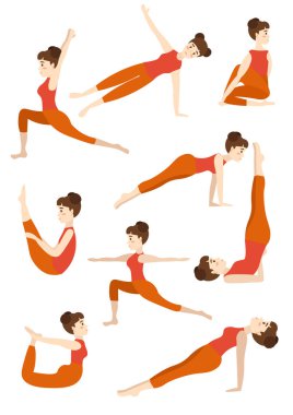 Yoga yaparken atletik genç kız poz bir köpek ağaç namlu aşağı bir lotus poz ve malzeme duruyor