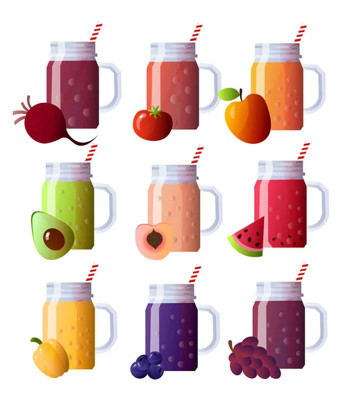 Set Smoothies in verschiedenen Tassen. Superfoods und Gesundheit oder Detox-Diät-Ernährungskonzept im Sketch-Stil. — Stockvektor