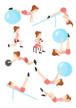 Genç güzel kız spor titreşim bir geri halter kaldırıyor ve egzersiz basına bir topa giriyor.
