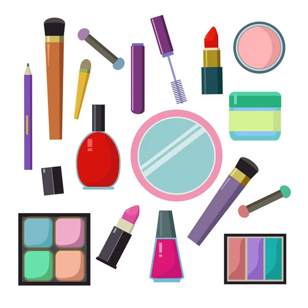 Duży zestaw różnych akcesoriów kosmetycznych szminka cień do powiek lustro tusz do rzęs eyeliner i rzeczy. — Wektor stockowy
