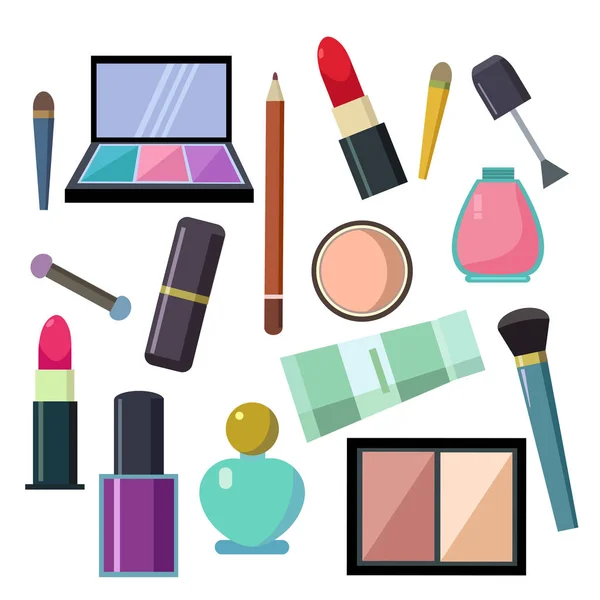 Gran conjunto de diferentes accesorios cosméticos lápiz labial sombra de ojos espejo rímel delineador de ojos y cosas . — Vector de stock