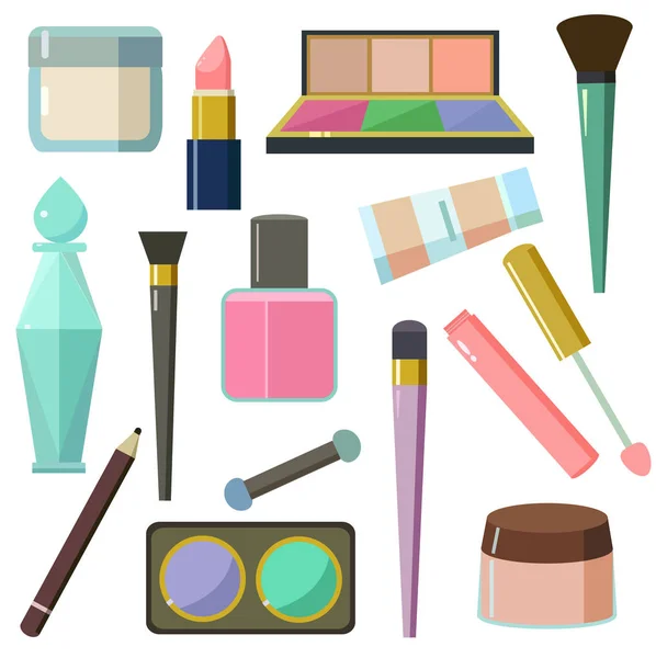 Grand ensemble d'accessoires cosmétiques différents fard à lèvres miroir mascara eyeliner et autres . — Image vectorielle