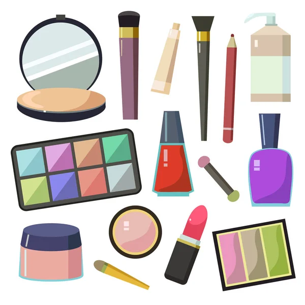 Gran conjunto de diferentes accesorios cosméticos lápiz labial sombra de ojos espejo rímel delineador de ojos y cosas . — Vector de stock