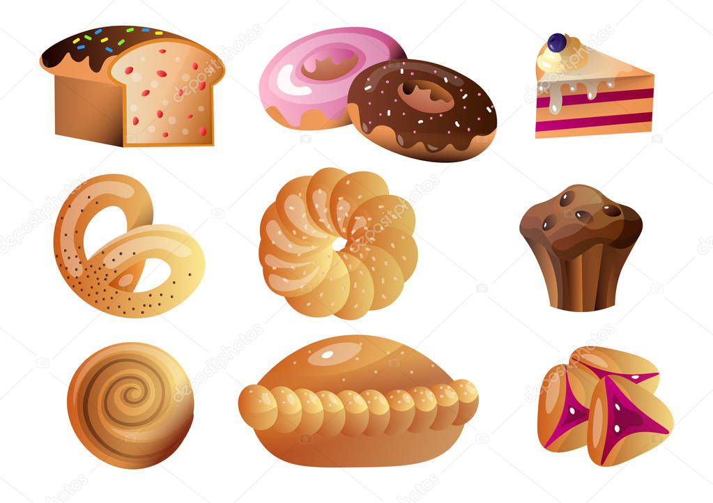 Set of baked goods with different types of bread sweet buns muffins biscuits donut donuts and others.