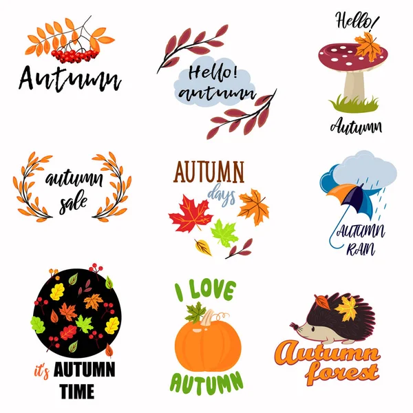 Set of colorful juicy autumn badges with leaves. — Stock Vector