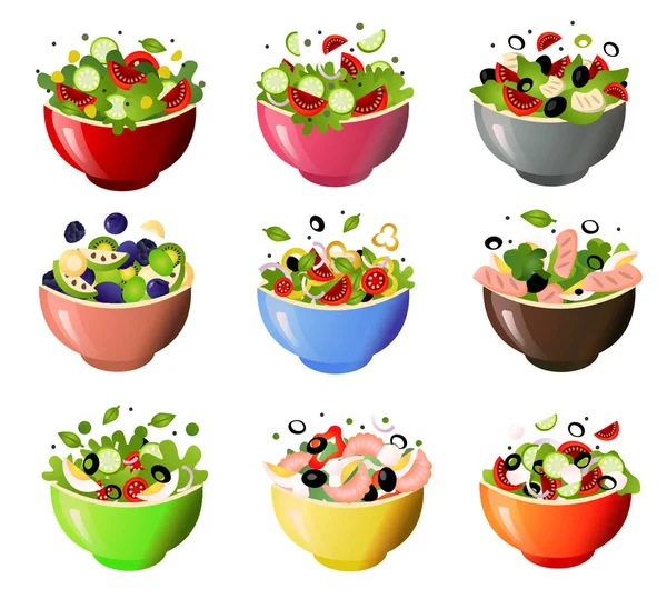 Salada fresca verde das suas várias verduras saborosas em tigelas a cores . — Vetor de Stock