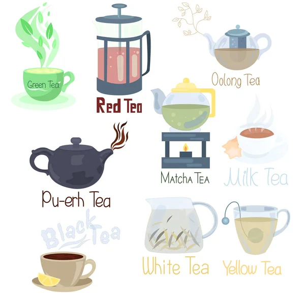 Διαφορετικά εργαλεία για τη διεξαγωγή τελετές τσαγιού με μια μεγάλη ποικιλία από μαύρο λευκό πράσινο τσάι και άλλα. — Διανυσματικό Αρχείο