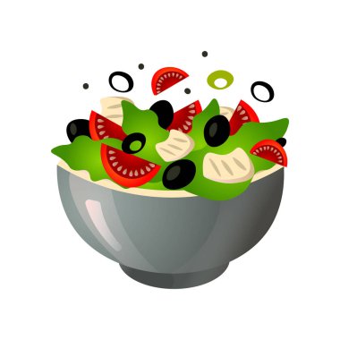 Onların çeşitli lezzetli sebze renk kase taze yeşil salata. Beyaz arka plan üzerinde izole vektör çizim.