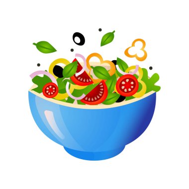 Onların çeşitli lezzetli sebze renk kase taze yeşil salata. Beyaz arka plan üzerinde izole vektör çizim.