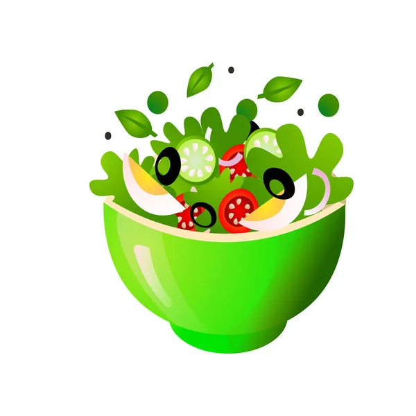 Зелений Свіжий Салат Різними Смачними Овочами Кольорових Мисках Векторні Ілюстрації — стоковий вектор