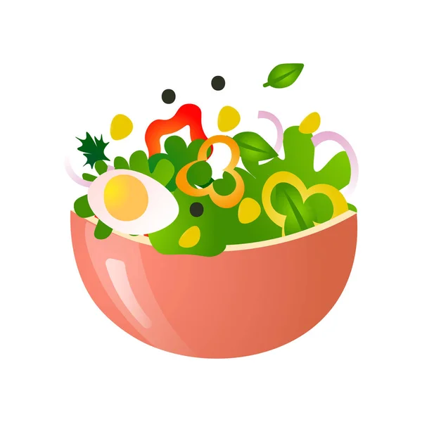 Fräsch grönsallad av deras olika välsmakande grönsaker i färg skålar. — Stock vektor