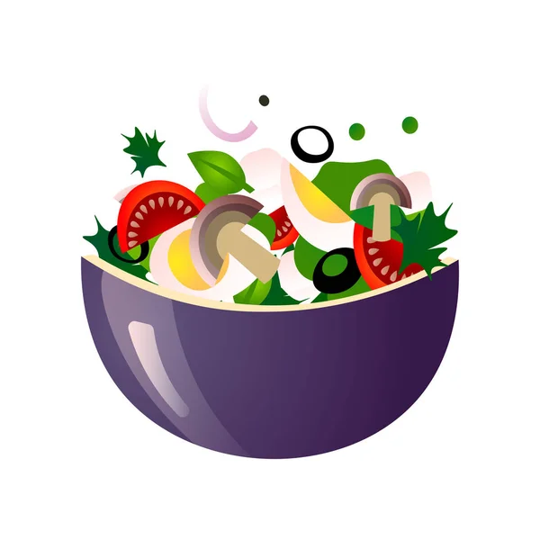 Grüner frischer Salat ihrer verschiedenen schmackhaften Gemüsesorten in farbigen Schalen. — Stockvektor