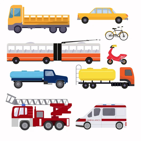 Transporte público urbano para o transporte de pessoas de diferentes mercadorias. Caminhão de bombeiros, ambulância, ciclomotor, bicicleta, trólebus e outros . — Vetor de Stock