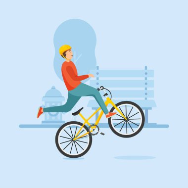 Genç adam bir bisiklet sürmek ve karmaşık stunts gerçekleştirir.