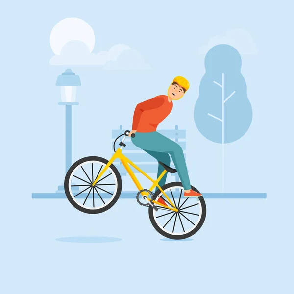 Young guy rides a bike and performs complex stunts. — Stock Vector